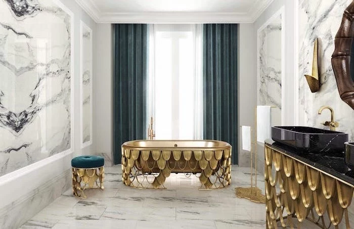 blue velvet curtains marble walls and floor small bathroom remodel golden accents on bathtub cabinet with black marble countertop brass faucets