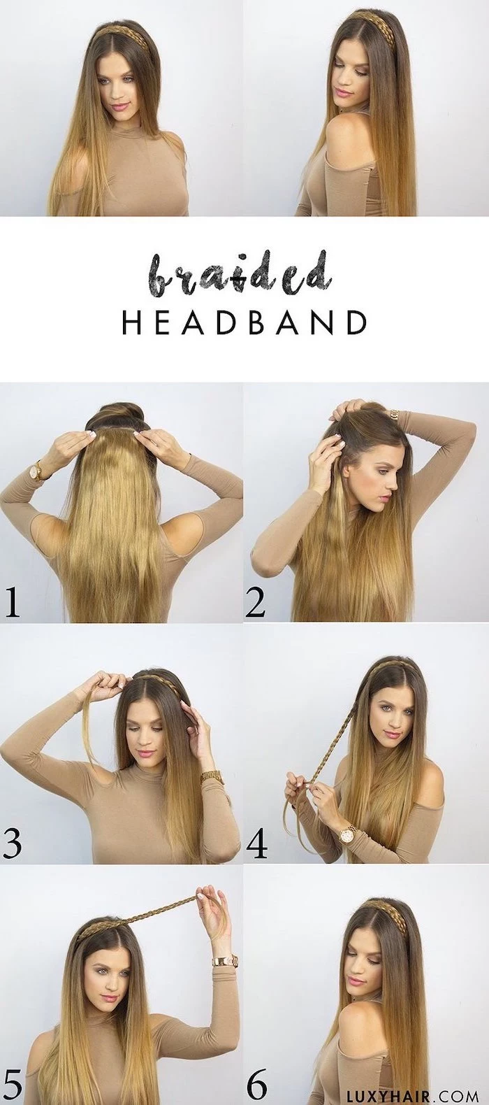 braided hairband tutorial cute hairstyles for school photo collage of step by step diy tutorial on woman with balayage hair