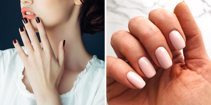 brown nail polish on short squoval nails nail ideas 2020 light pink nail polish on medium length squoval nails side by side photos