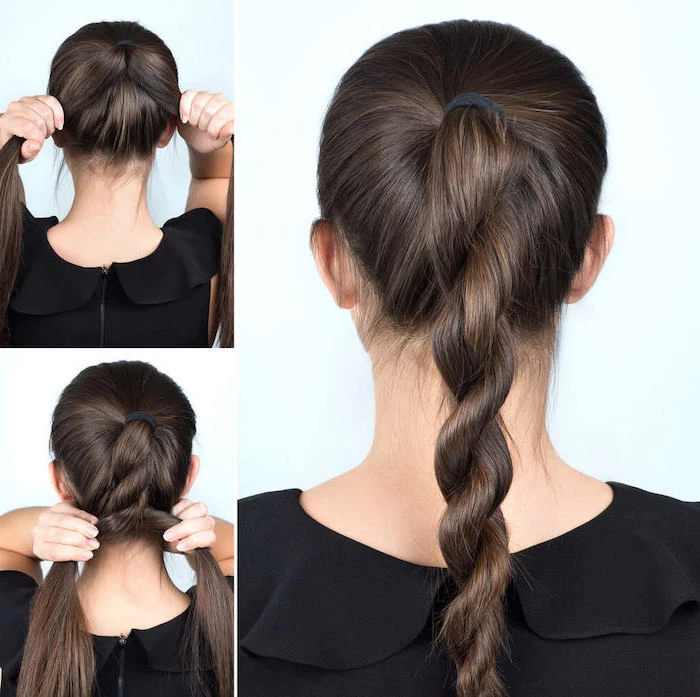 brunette hair cool hairstyles for girls step by step diy tutorial for twisted ponytail on woman wearing black top