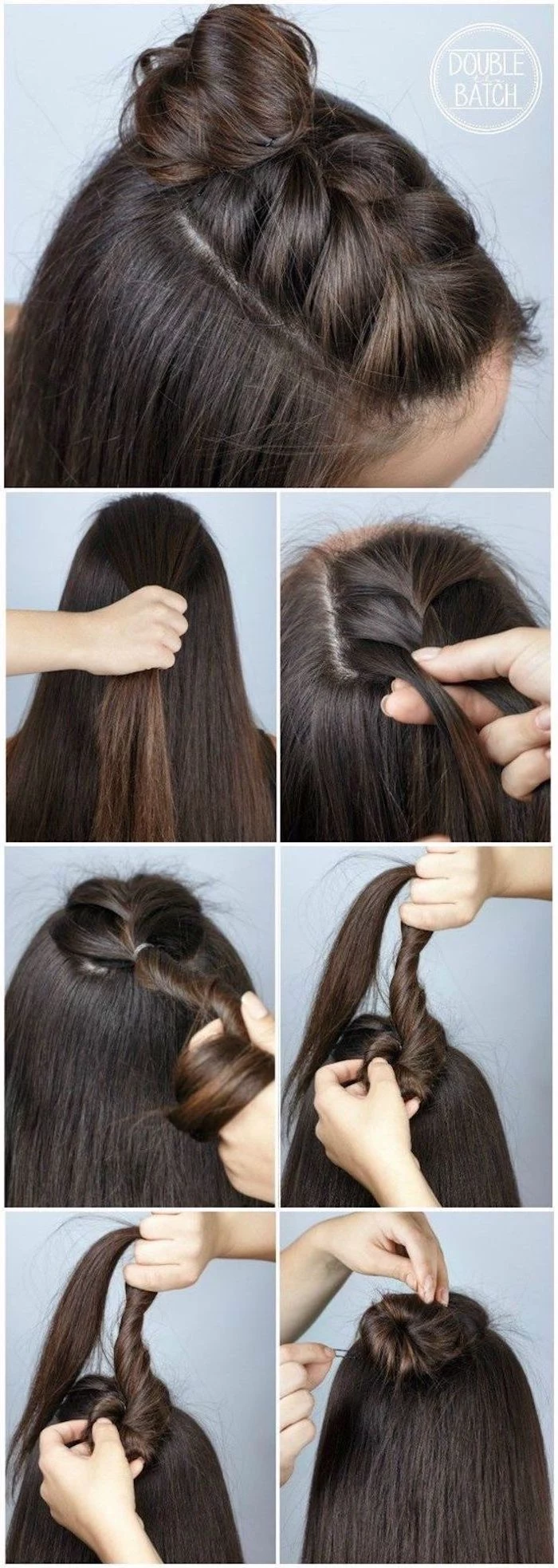 brunette hair with braid on top ending in bun hairstyles for teenage girls step by step diy tutorial