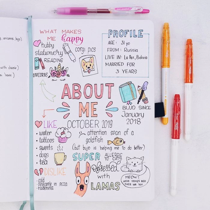 bullet journal ideas about page on white notebook with different drawings words written on it with pink orange red blue green