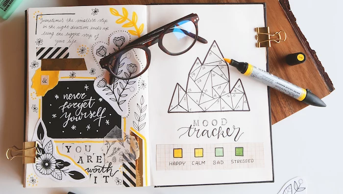 bullet journal pinterest mood tracter with different colors for each day bullet journal pinterest yellow marker and glasses on the journal
