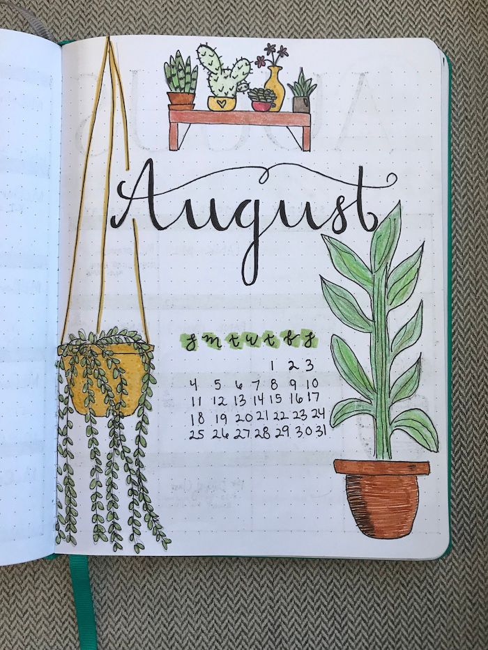 bullet journal weekly spread front page for august with calendar drawn potted plants in white notebook