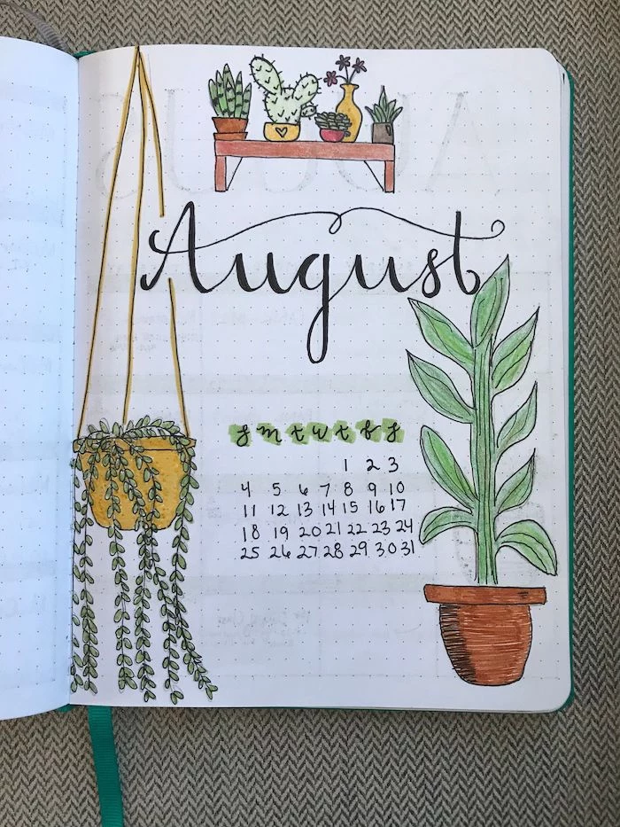 bullet journal weekly spread front page for august with calendar drawn potted plants in white notebook