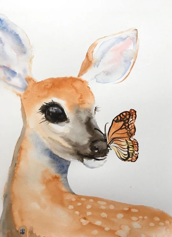 butterfly on the nose of deer watercolor painting simple animal drawings painted on white background