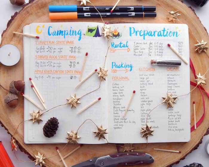 camping preparation different lists for what you need mood tracker bullet journal written on white notebook