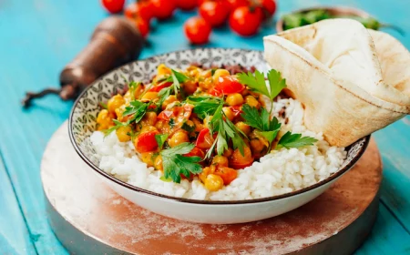 chickpea curry being served with white rice and naan bread in black and white bowl how to cook chickpeas blue wooden surface