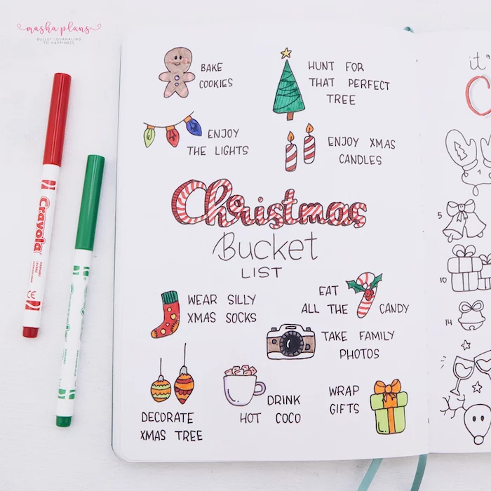 christmas bucket list with small drawings of gingerbread man present candles lights candy bullet journal themes