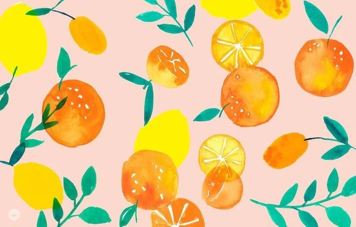 cute computer backgrounds pink background with yellow lemons and oranges with green leaves drawn in watercolor