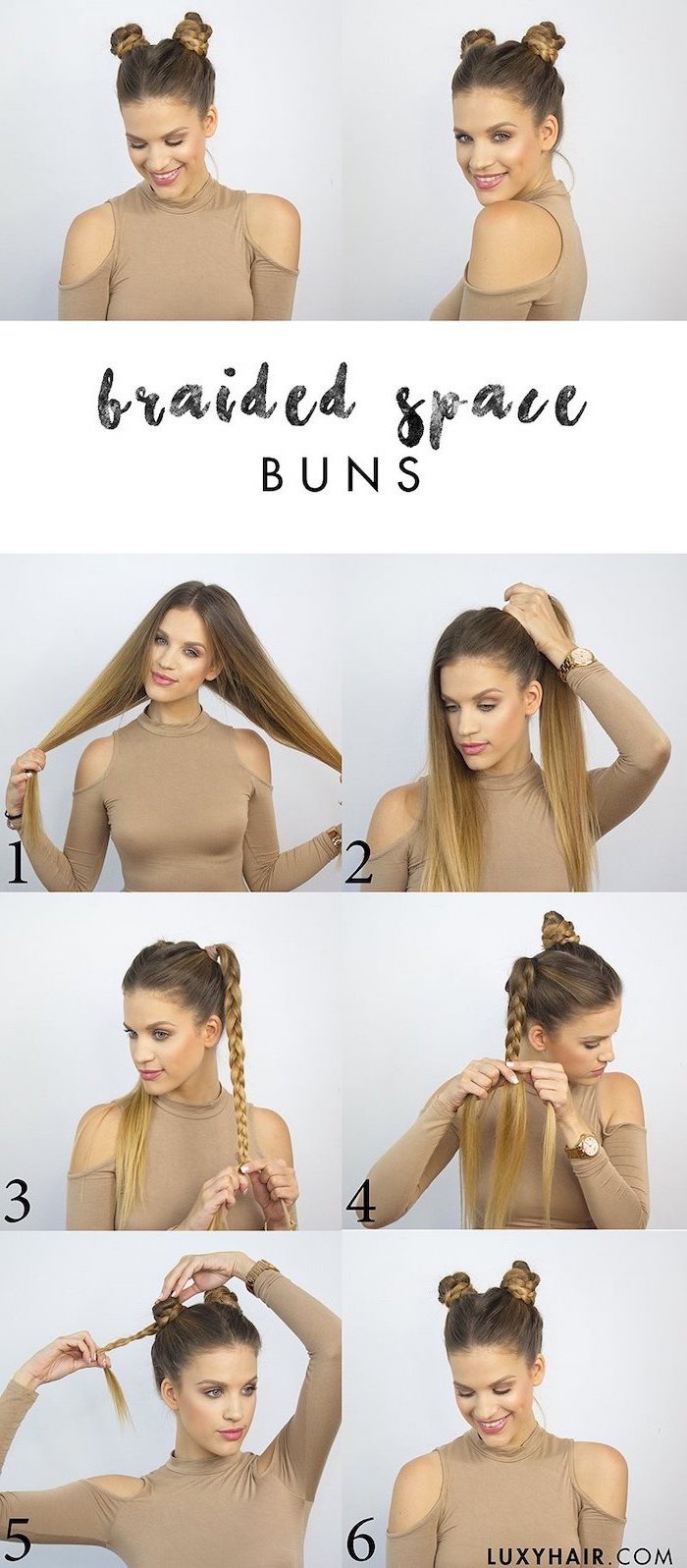cute easy hairstyles for short hair braided space buns on woman with long blonde hair photo collage of step by step diy tutorial