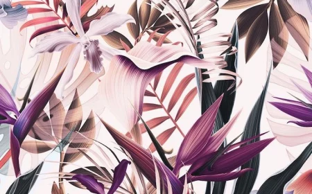 cute wallpapers for laptop drawing of different flowers and palm leaves in pink orange purple green brown white background