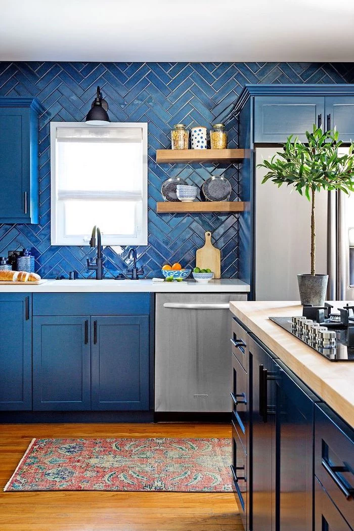 dark blue cabinets with white countertop blue tiles blue kitchen island with wooden countertop kitchen backsplash pictures wooden floor