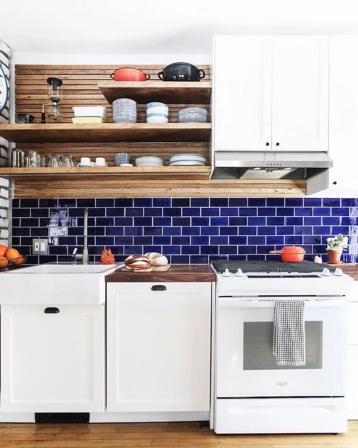 dark blue tiles for backsplash wooden open shelving kitchen backsplash ideas white cabinets with wooden countertop