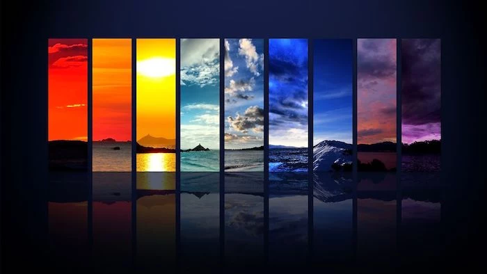 different landscapes photographed at different times of the day cute wallpapers for laptop arranged together on dark background