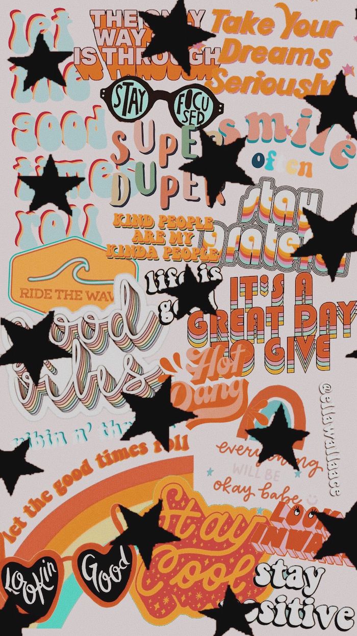 different phrases written in different fonts arranged together in photo collage vsco backgrounds stay cool ride the wave lookin good