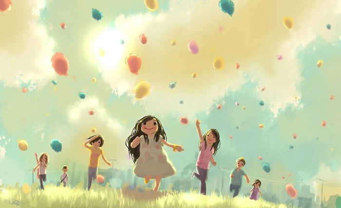drawing of a bunch of children running down a field aesthetic computer wallpaper colorful balloons in the air