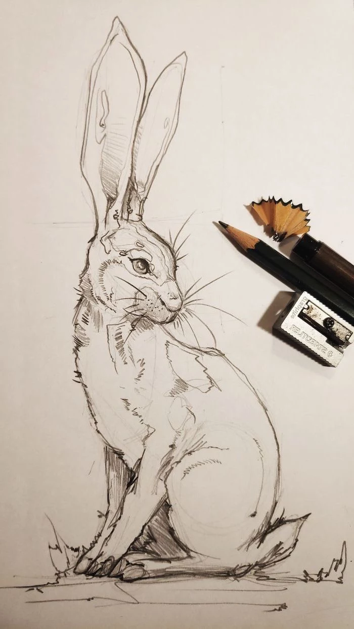 drawing of a rabbit with long ears easy animals to draw black pencil sketch on white background