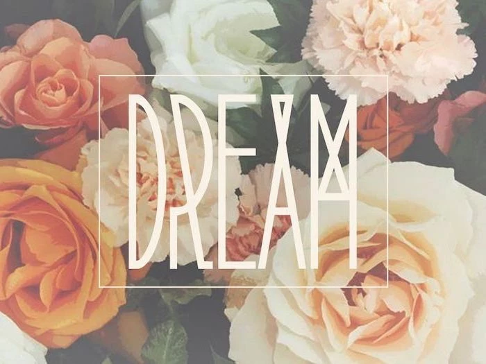 dream written with large white letters cute computer backgrounds pink white orange roses in the background