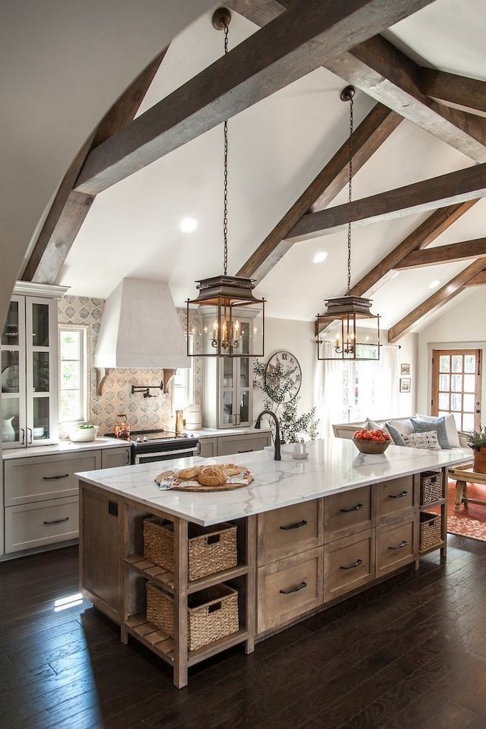 Modern Farmhouse Kitchen With Island Cathedral Ceiling Wood Beams My Xxx Hot Girl 