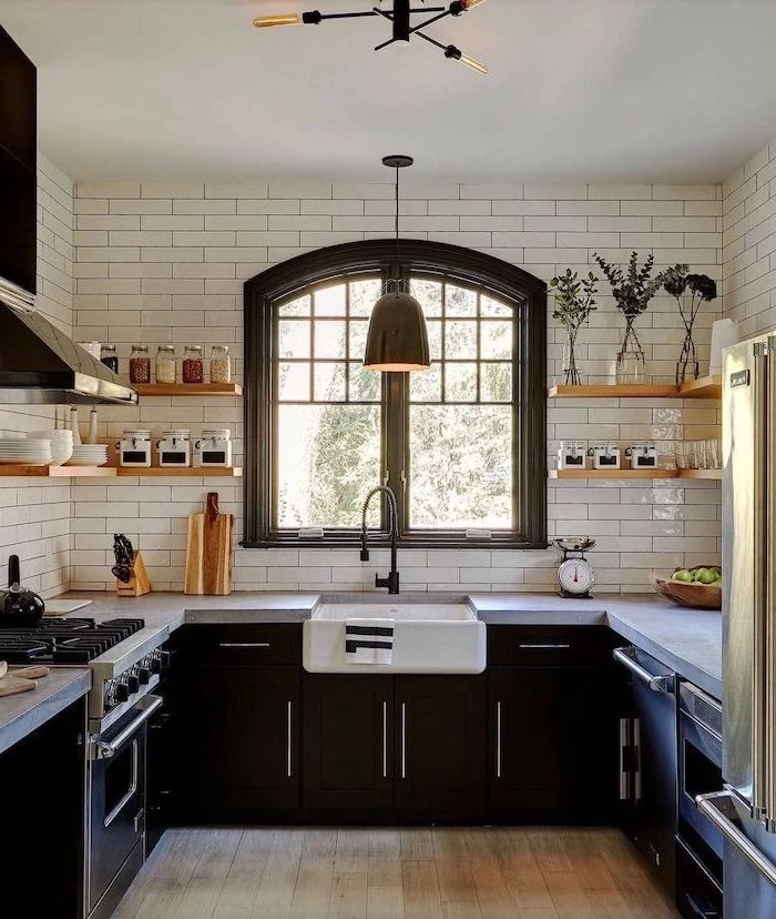 farmhouse kitchen cabinets black cabinets with dark gray granite countertops subway tiles backsplash open shelving