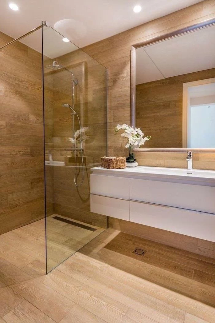 floating white cabinets wooden walls and floor glass shower cabin bathroom decor pictures large mirror on the wall