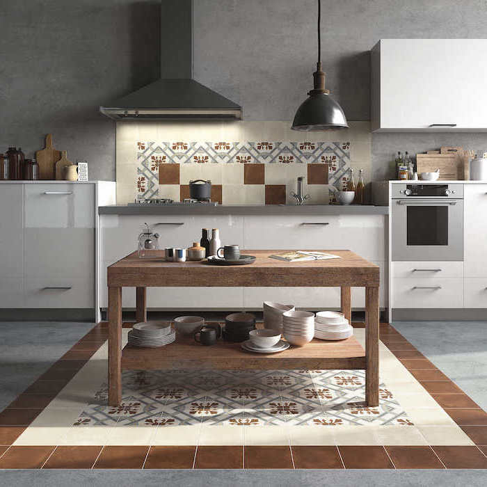 floor and wall with matching tiles in beige and white kitchen backsplash pictures white cabinets wooden kitchen island