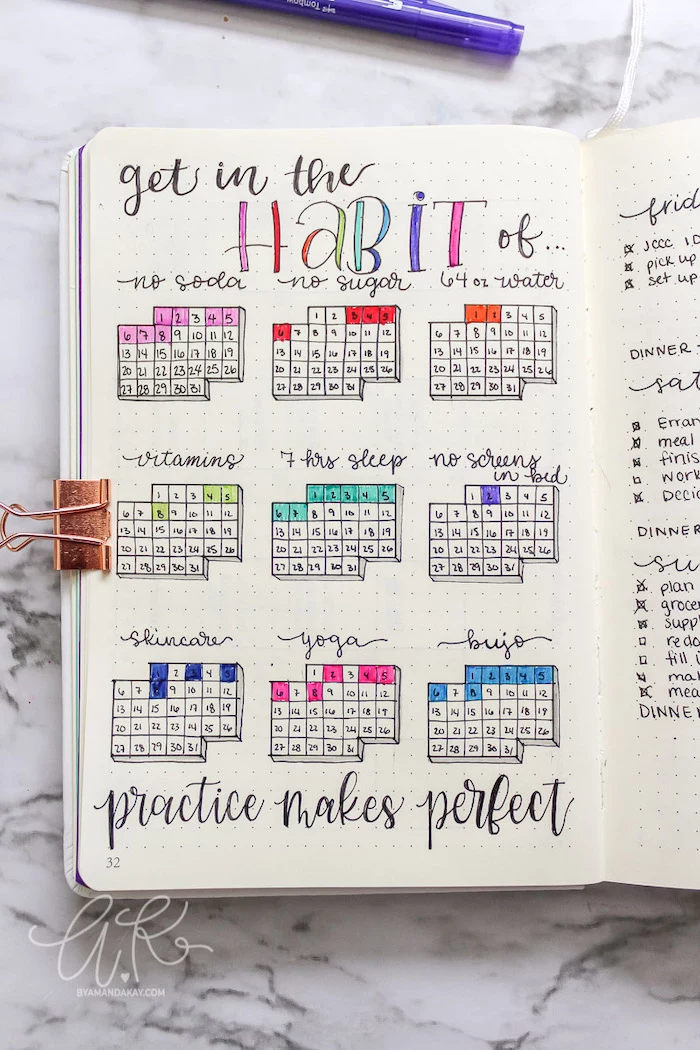 get in the habit of practice makes perfect what is a bullet journal calendar with different habits written in white notebook
