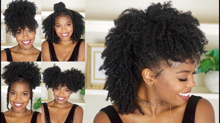 girl with black curly hair wearing black top back to school hairstyles photo collage of different hairstyles