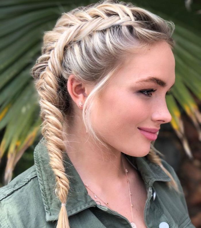 girl with blonde hair with highlights cute hairstyles for girls side braid wearing green denim jacket