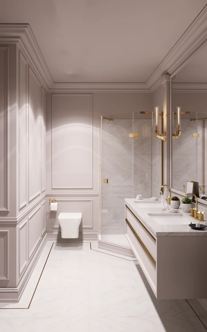 gold brass faucet and lights bathroom decor ideas marble tiles white walls floating cabinets large mirror on the wall