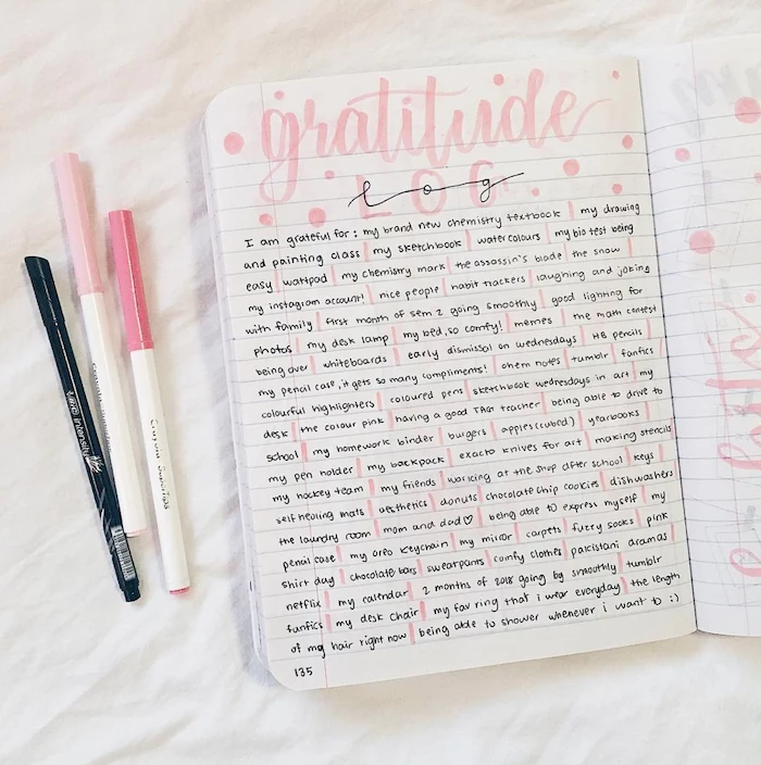 gratitude log written in calligraphy bullet journal weekly spread white textbook pink pens on the side