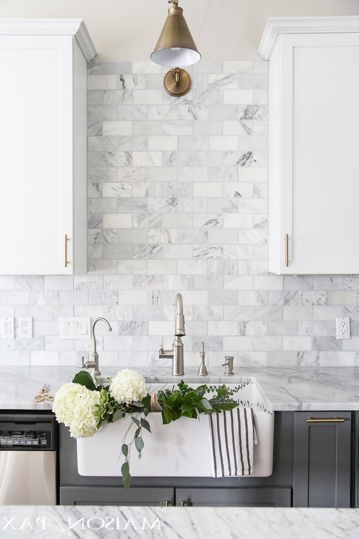 Gray Cabinets With Marble Countertops Tiles In Different Shades Of Gray And White Kitchen Tile Backsplash Ideas 