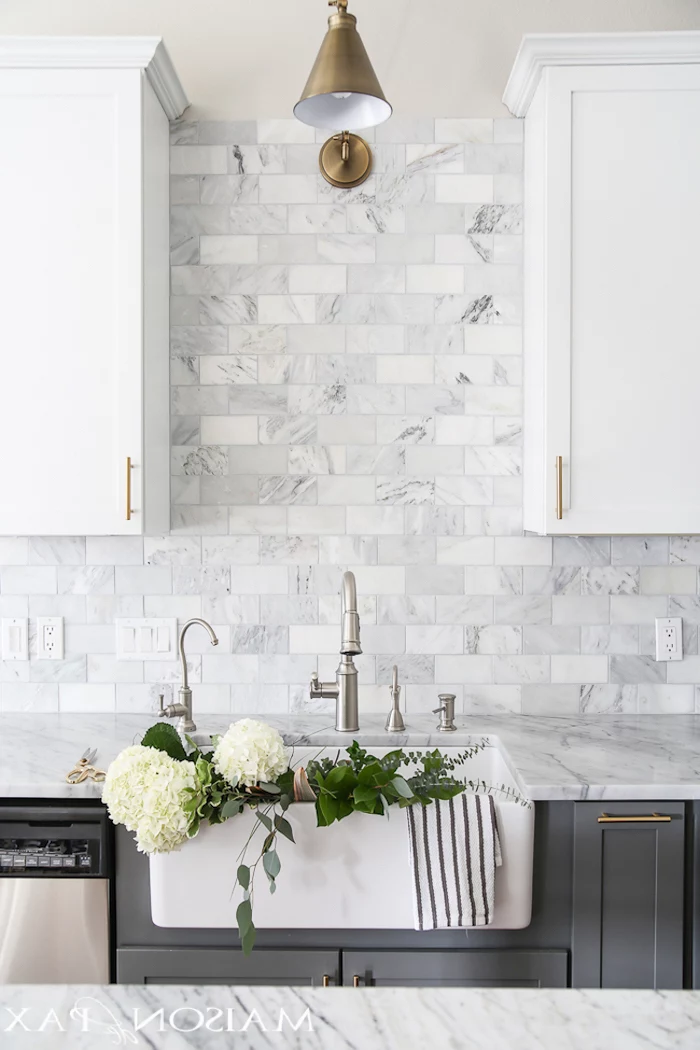 gray cabinets with marble countertops tiles in different shades of gray and white kitchen tile backsplash ideas