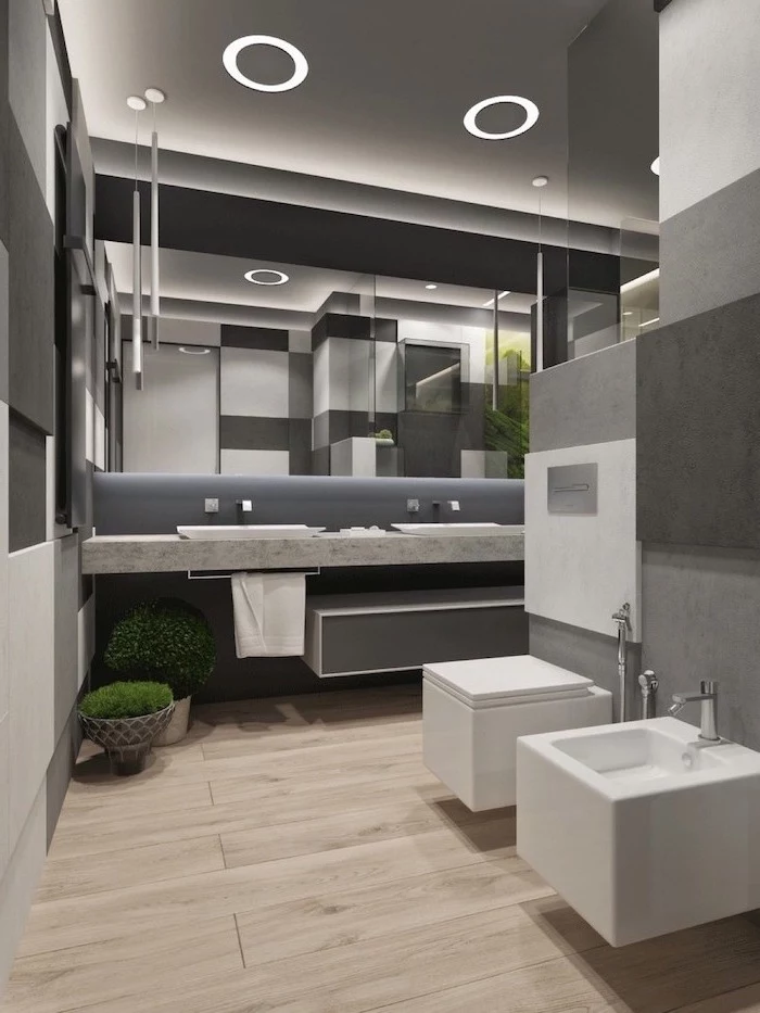 gray walls floating cabinets with two sinks large mirror above them with led lights small bathroom designs with shower wooden floor