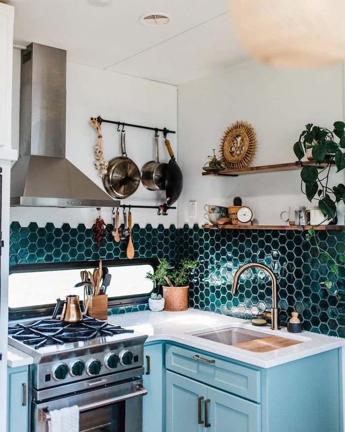 green honeycomb tiles on half of the wall backsplash tile ideas turquoise cabinets with white countertop
