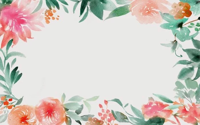 green leaves pink flowers drawn in watercolor around the edges of white background desktop backgrounds