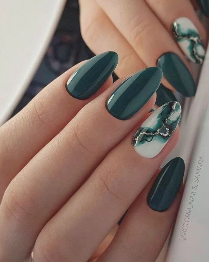 green nail polish on long almond nails summer nail designs green white black gold marble decorations on ring fingers