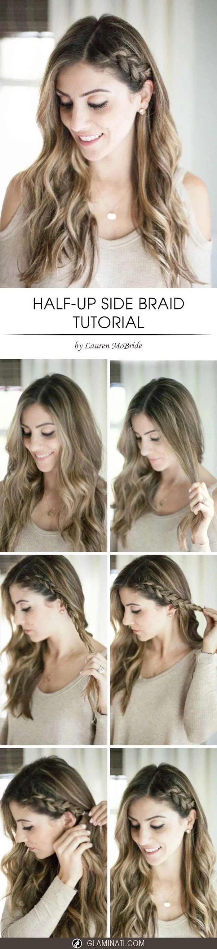 half up side braid tutorial cute hairstyles for school photo collage of step by step diy tutorial on long light brown hair