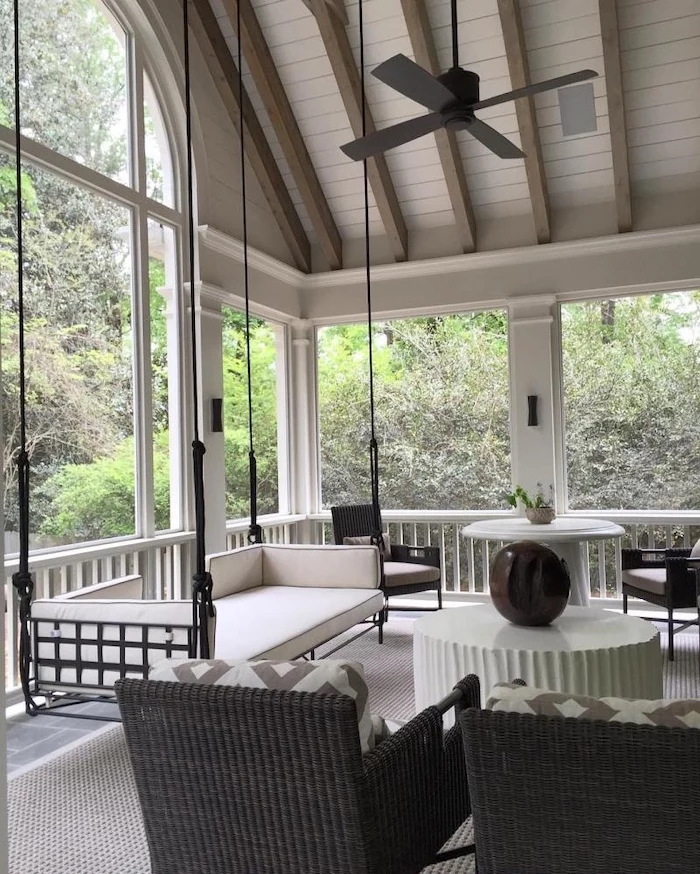 how to build a screened in porch black garden furniture set swing with white cushions cathedral ceiling with exposed wood beams