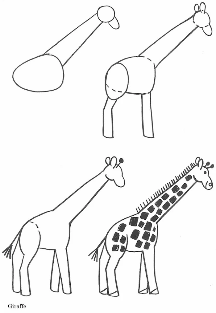 how to draw a giraffe in four steps simple animal drawings step by step diy tutorial for children