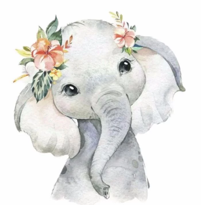 how to draw animals baby elephant painted with watercolor in gray with orange flowers on its head white background