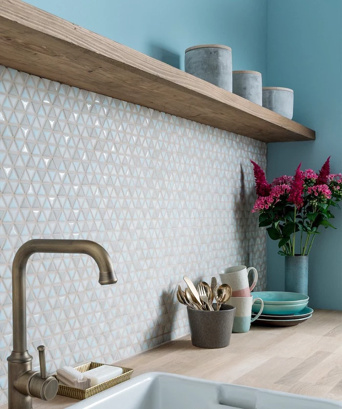 how to tile a backsplash blue wall wooden countertop mosaic white backsplash wooden shelf on the wall