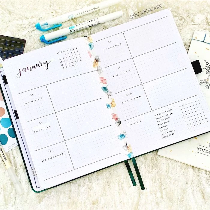 january weekly spread with flowers drawn between two pages how to bullet journal drawn on white notebook