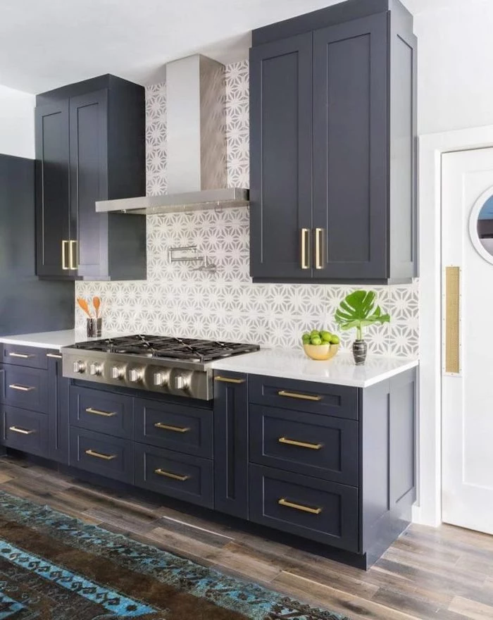 kitchen backsplash ideas with white cabinets black cabinets with white countertops patterned tiles in gray and white for backsplash