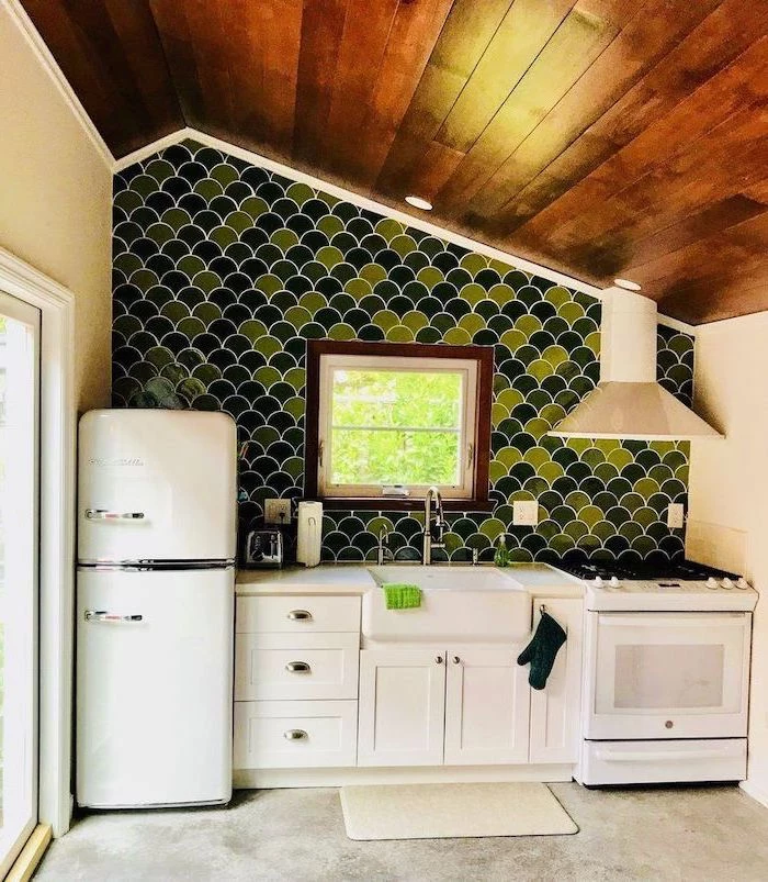 kitchen tile backsplash ideas tiles in different shades of green like fish scale white cabinets wooden ceiling