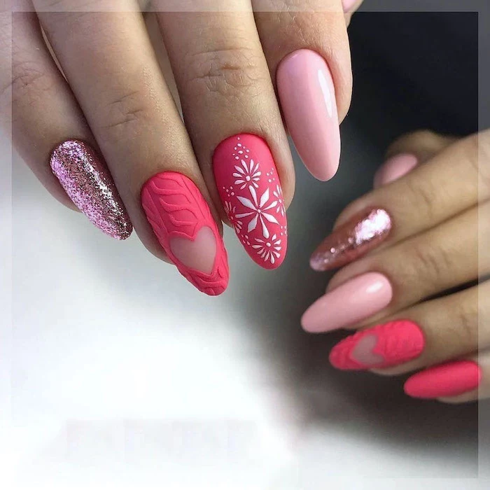 light pink glitter and dark pink matte nail polish cute acrylic nail designs decorations on ring and middle fingers long almond nails