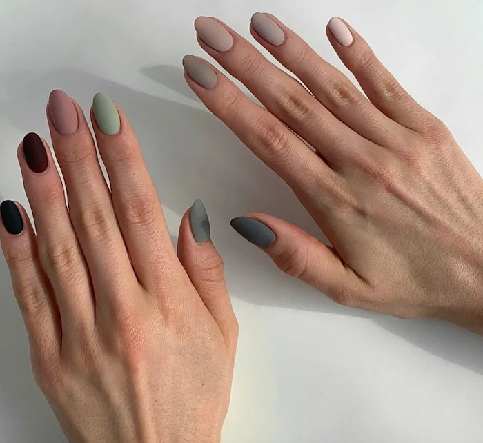 light to dark gray green red burgundy black matte nail polish on medium length almond nails cute acrylic nail designs