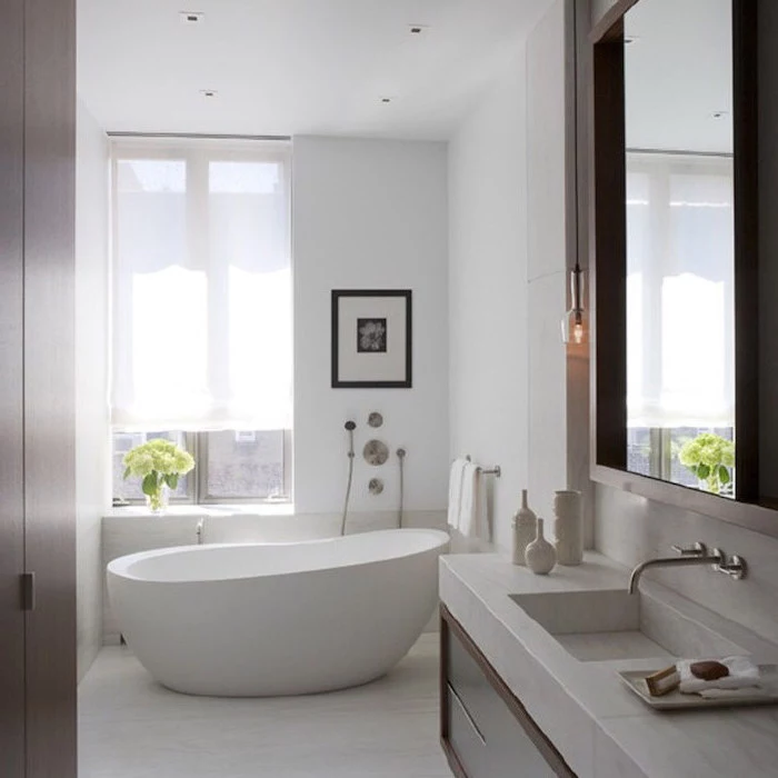 marble countertop on wooden floating shelf large mirror above it how to decorate a bathroom white walls floor bathtub