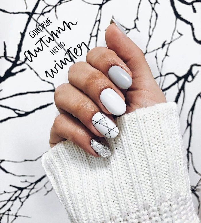 medium length squoval nails nail designs 2020 white and gray nail polish gray glitter nail polish on the pinky finger